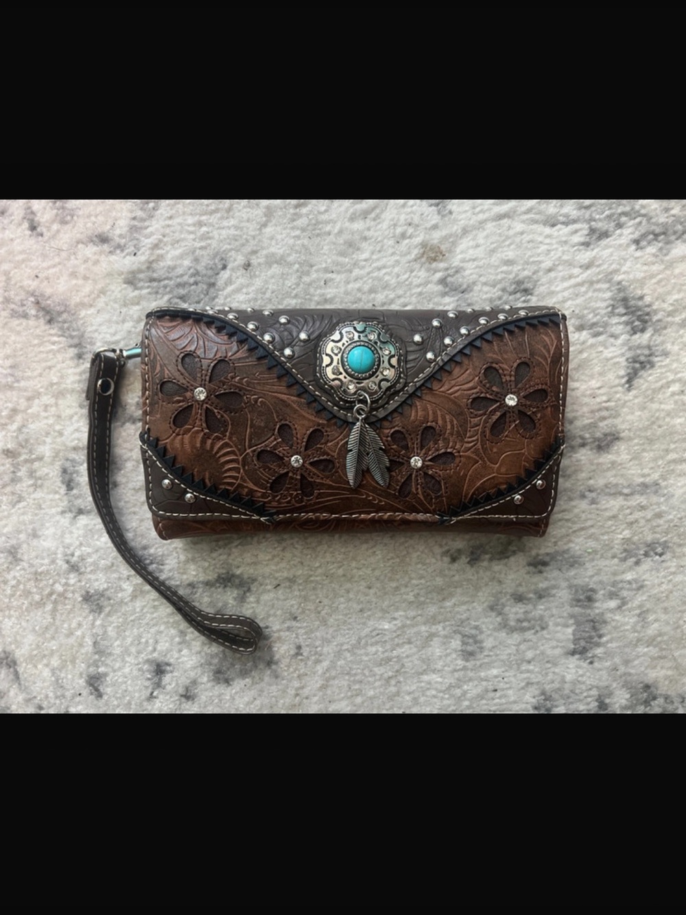 Brown Floral Tooled Wristlet Clutch with Turquoise Accent